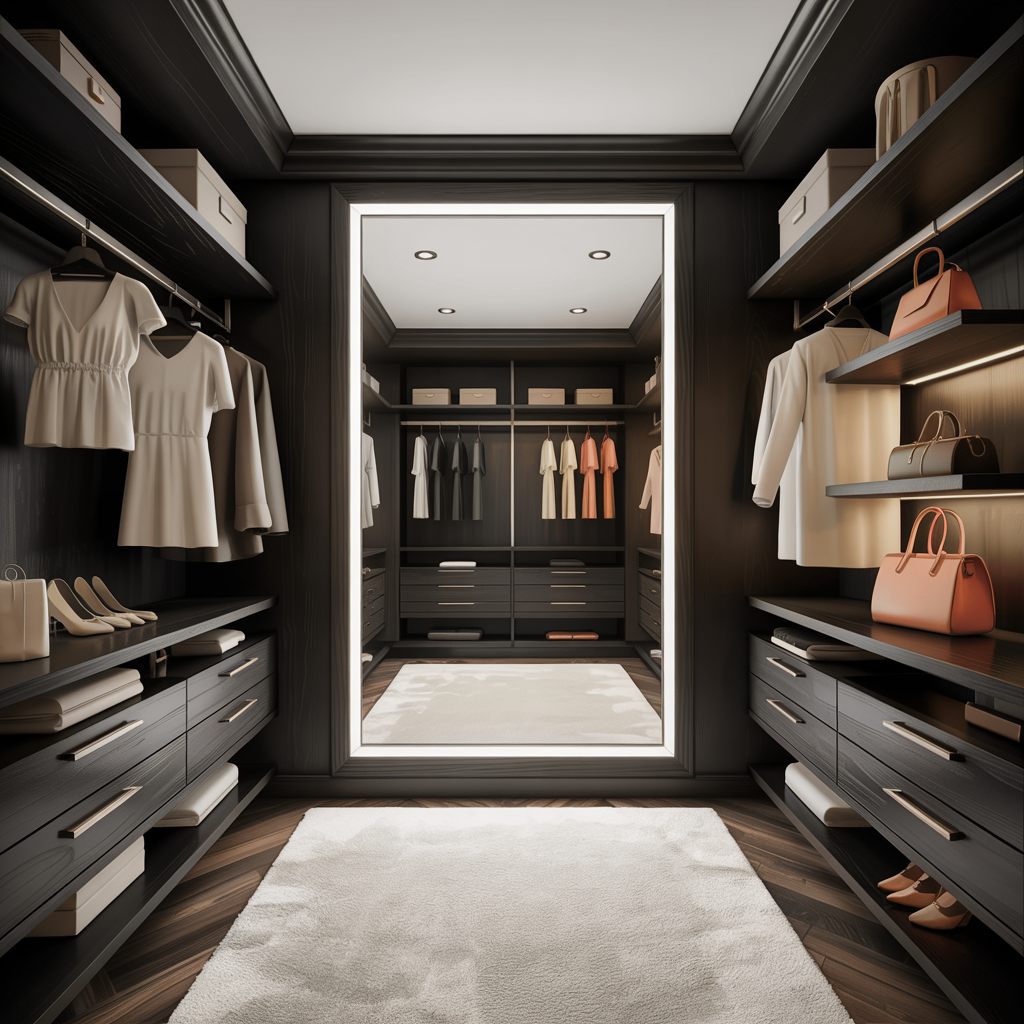 Glam Black Walk-In Closet with LED Mirrors and Rails