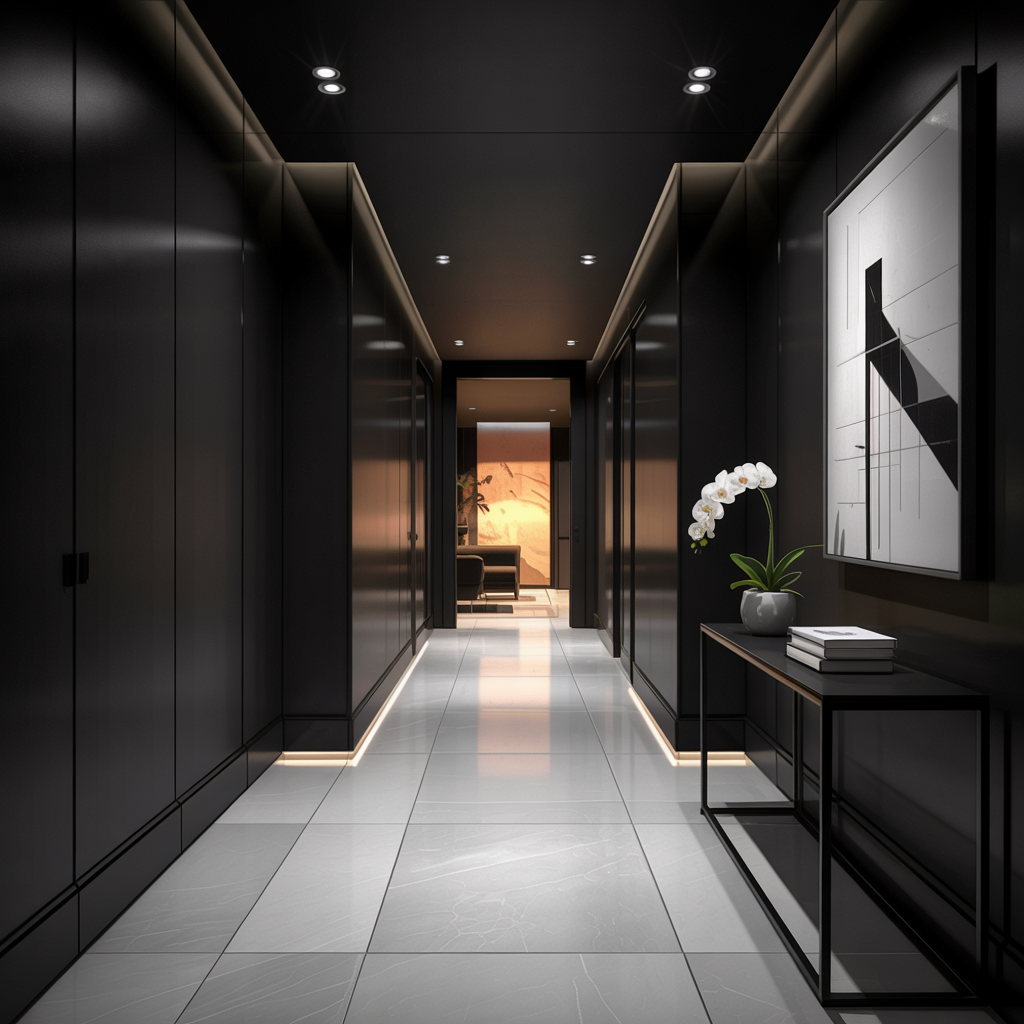 Black Hallway or Entryway with LED Path Lighting