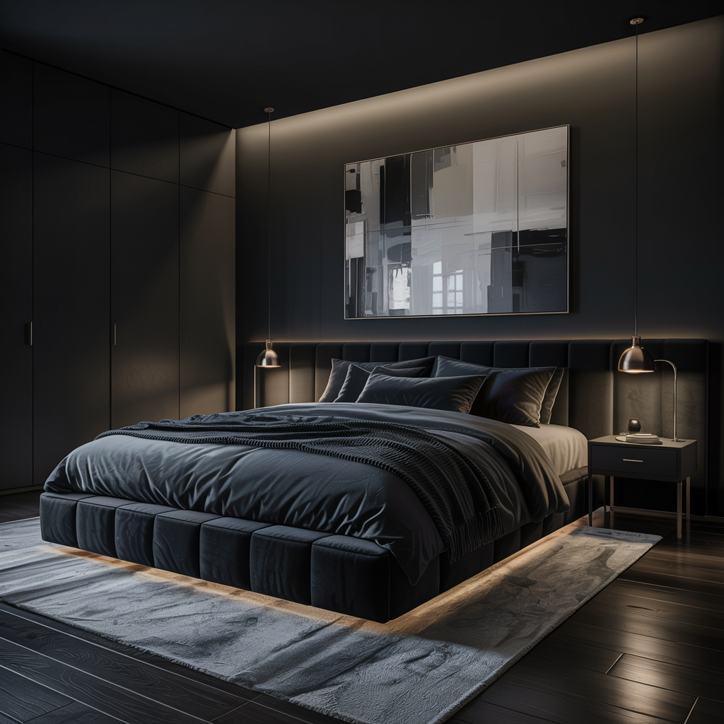 Moody Black Bedroom with Soft Warm LED Strips