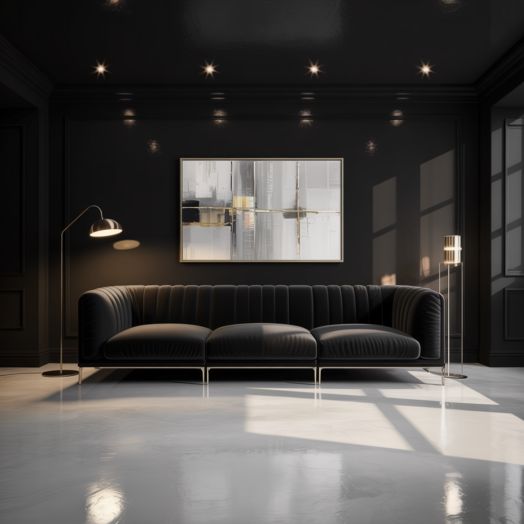 Elegant Black Living Room with Recessed LED Ceiling Lights