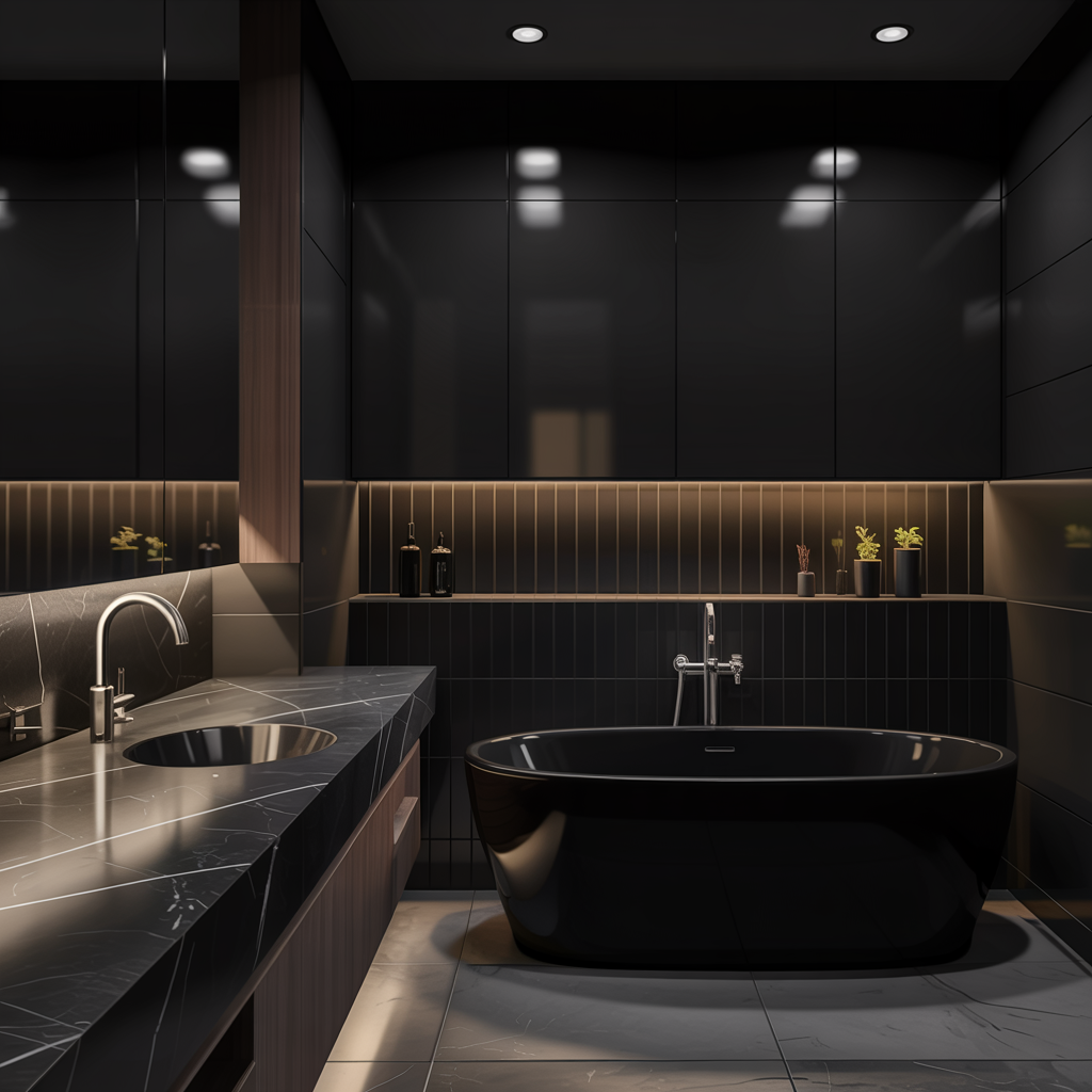 Black Bathroom with Under-Cabinet LED Lights