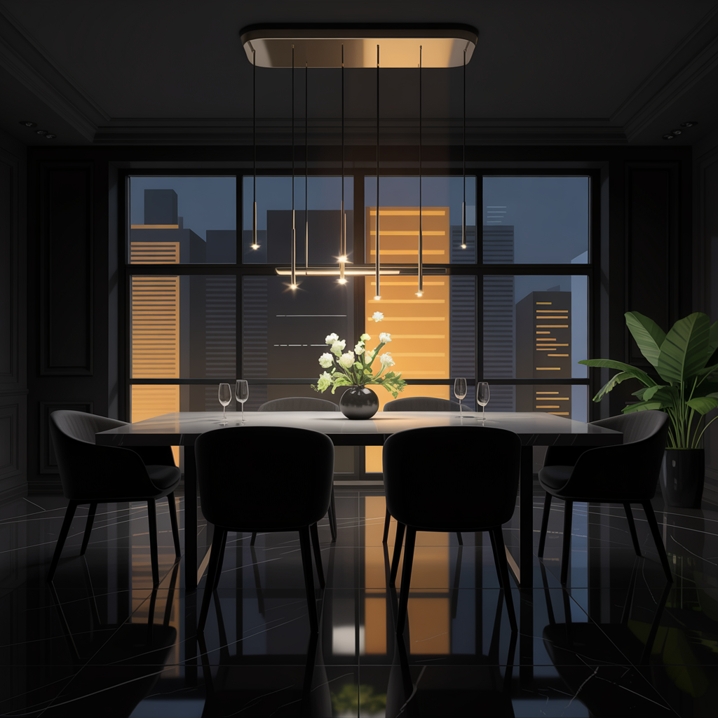 Bold Black Dining Room with LED Pendant Lights