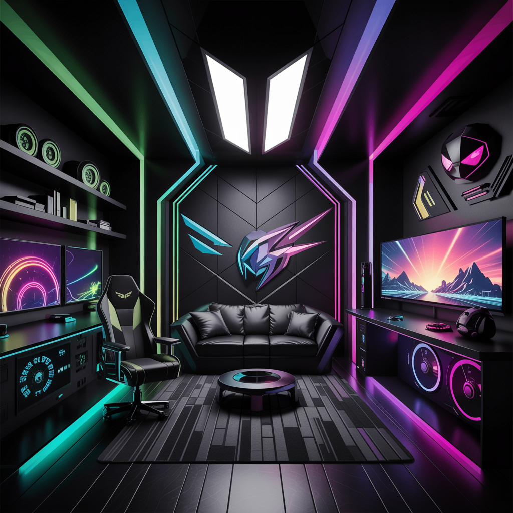 Futuristic Black Gaming Room with RGB LEDs